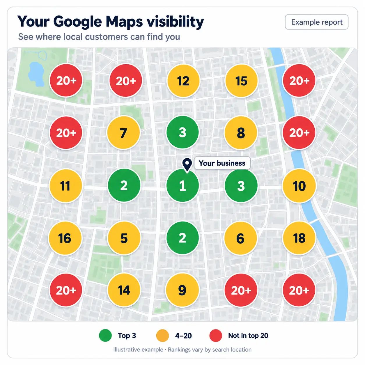 Example report: green, yellow and red pins showing Google Maps ranks around a business